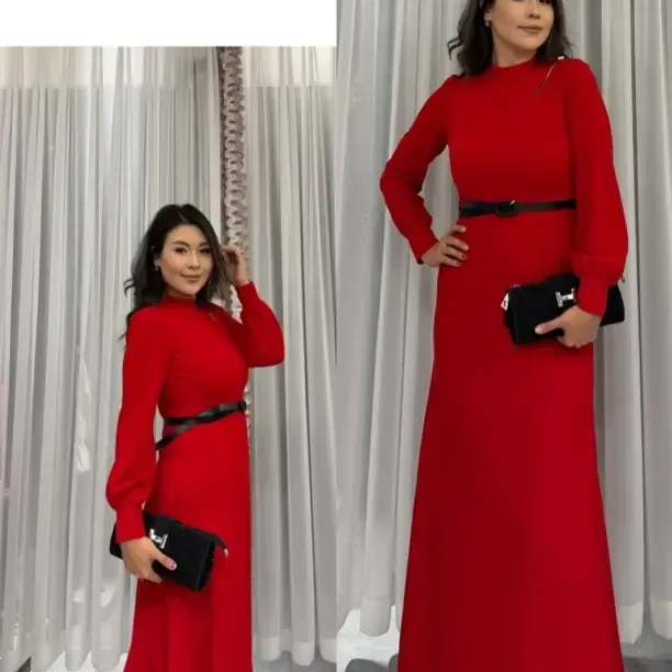 sude长袖高档长款连衣裙