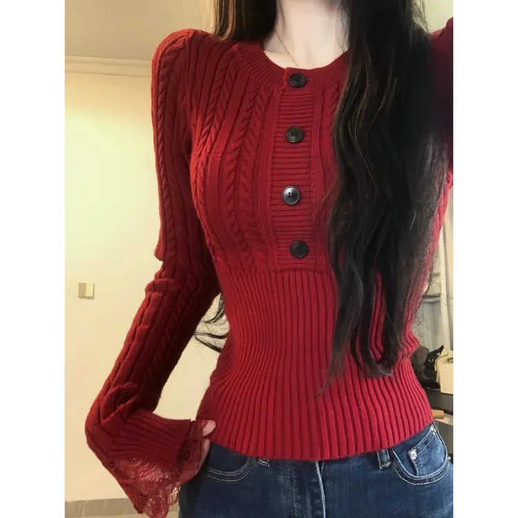 韩系辣妹修身麻花新年红色毛衣女秋冬季高级感内搭打底针织衫上衣