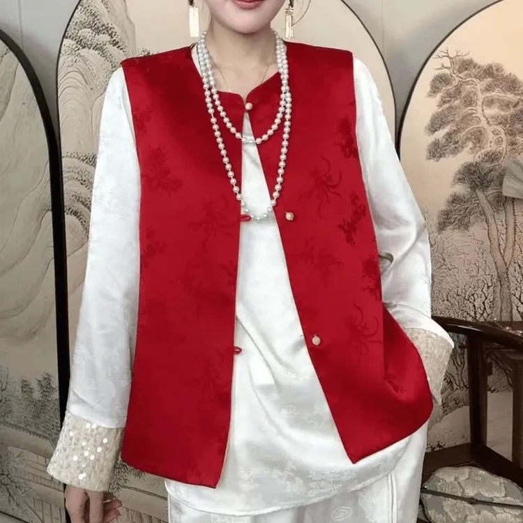 新中式国风双面双穿马甲女2024秋季新款百搭圆领复古提花缎面马夹