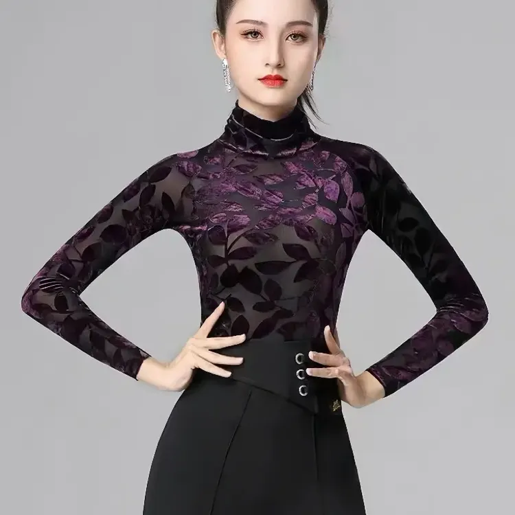 新款长袖女装秋冬洋气植绒高领拉丁舞摩登舞连体自带胸垫练功服