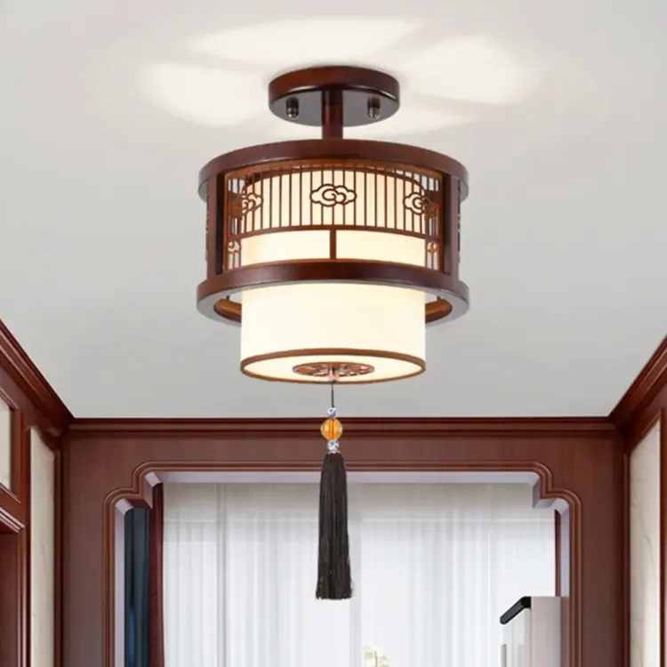 新中式实木吸顶灯玄关阳台圆形灯餐厅走廊过道卧室仿古古典灯具