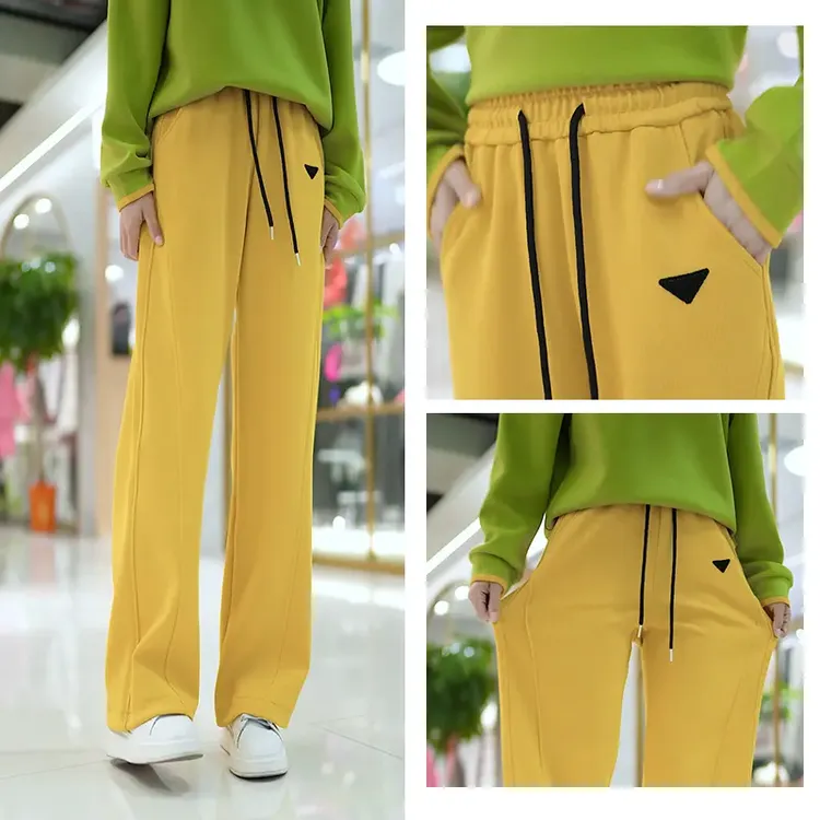 3853姜黄色休闲裤简约风春秋季长裤抽绳春夏时尚刺绣纯色直筒裤子