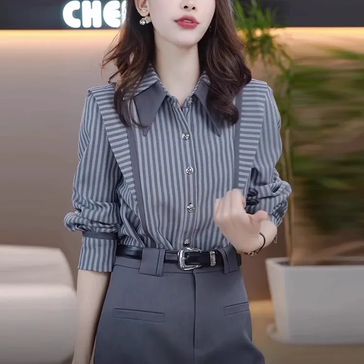 法式条纹衬衫女士2025秋季新款高级感时尚休闲减龄洋气设计感上衣