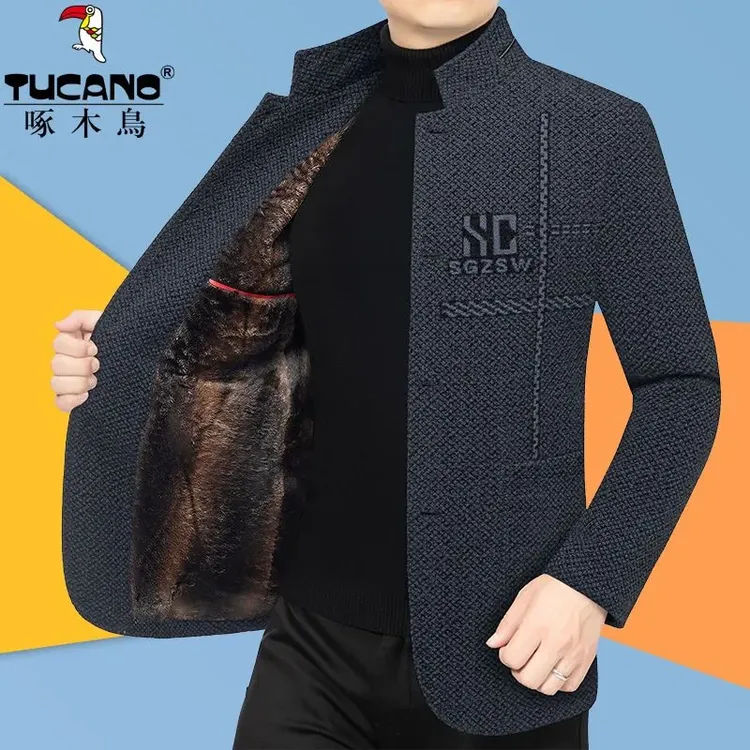 啄木鸟秋冬新款男士西服加厚加绒外套立领中老年休闲夹克衫爸爸装
