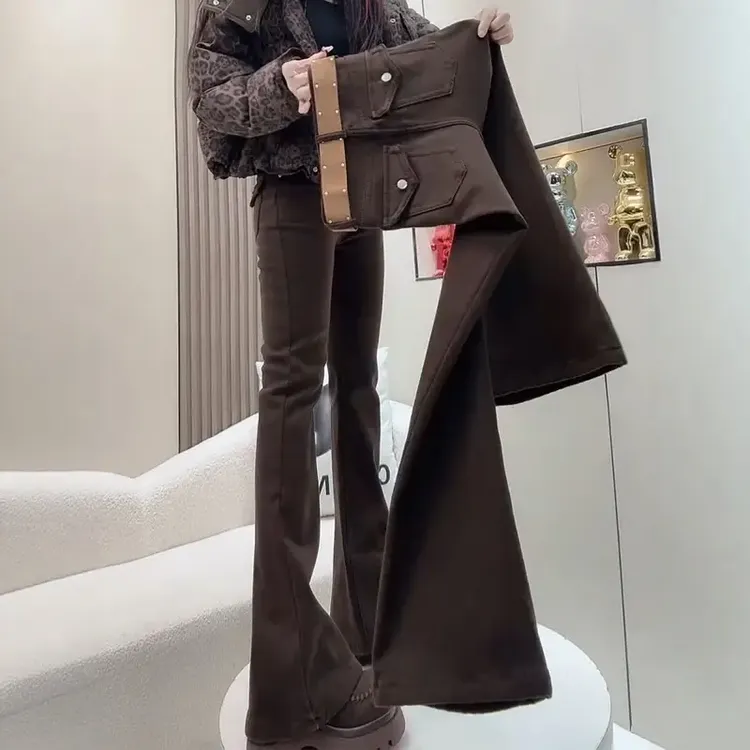 2025秋冬新款高腰显瘦复古微喇牛仔裤大码弹力修身加绒加厚马蹄裤