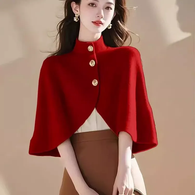 2025网红爆款洋气绝美气质减龄女神范酒红色斗篷披肩外套秋冬