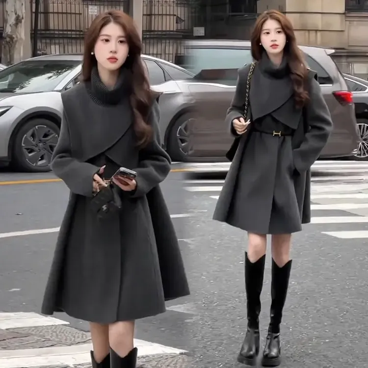 拉夏贝尔法式可拆卸斗篷毛呢外套女2025秋冬新款中长呢子大衣外套