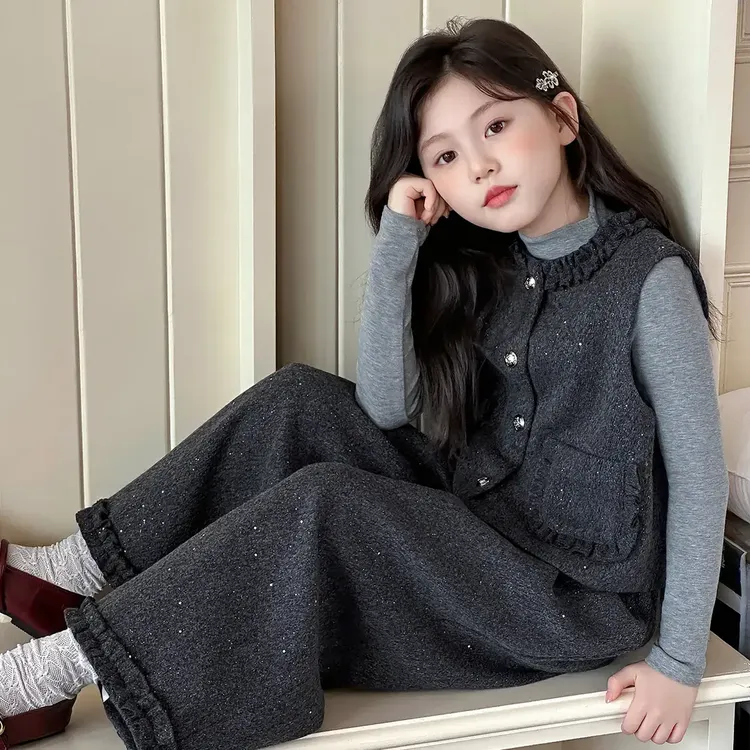 女童毛呢韩系三件套秋季新款6-12岁中大童洋气休闲时髦套装小女孩