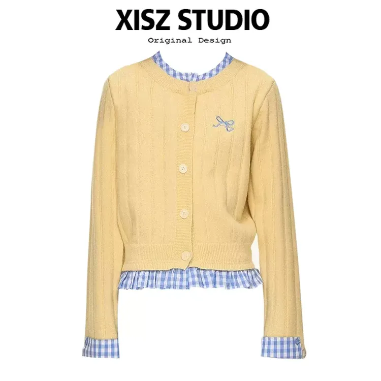 美式复古格子拼接假两件针织开衫女秋冬设计感修身显瘦百搭毛衣