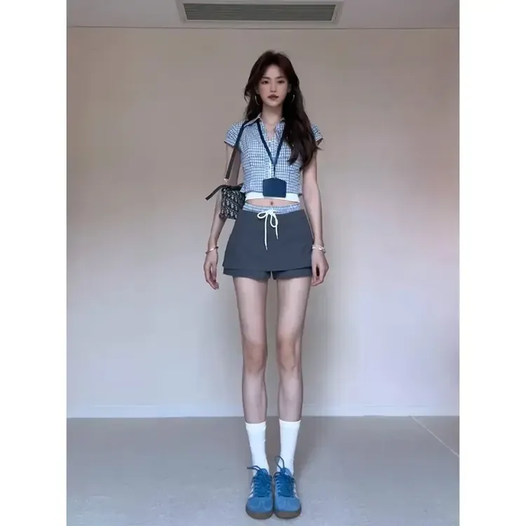 温婉大方衣服韩系穿搭翻领格纹短袖衬衫夏季高腰显瘦拼接半身裙