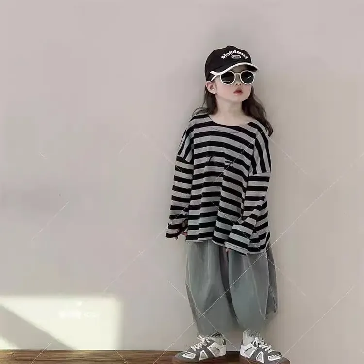 女童条纹卫衣2025春装新款儿童套头百搭上衣韩版休闲牛仔裤套装潮
