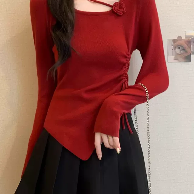 立体花朵长袖毛针织衫女春秋冬新款抽绳收腰显瘦不规则短款小上衣