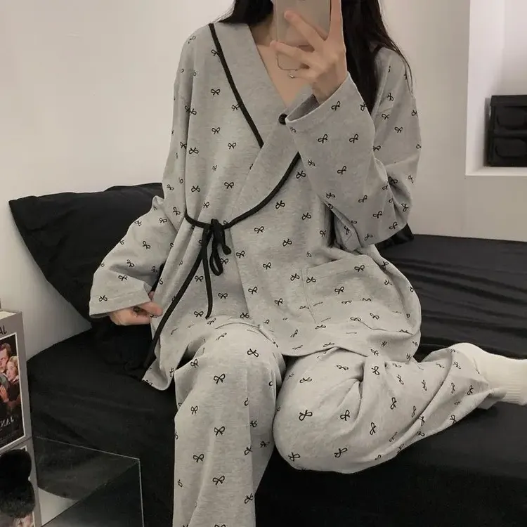 春秋纯棉孕妇睡衣产后哺乳产妇月子服和服大码喂奶家居服套装