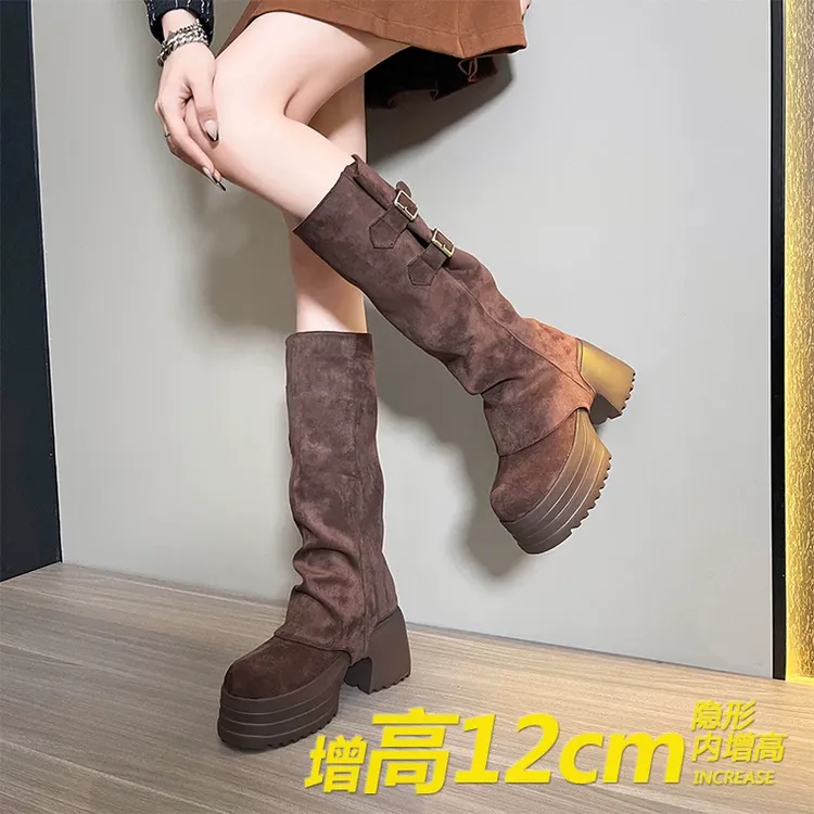 两穿可拆卸套筒时装靴女2025新款真皮厚底粗跟增高12cm百搭长筒靴