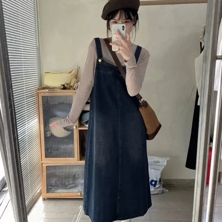 2025春秋新款韩版时尚女士显瘦牛仔中长吊带背带裙子女宽松连衣裙