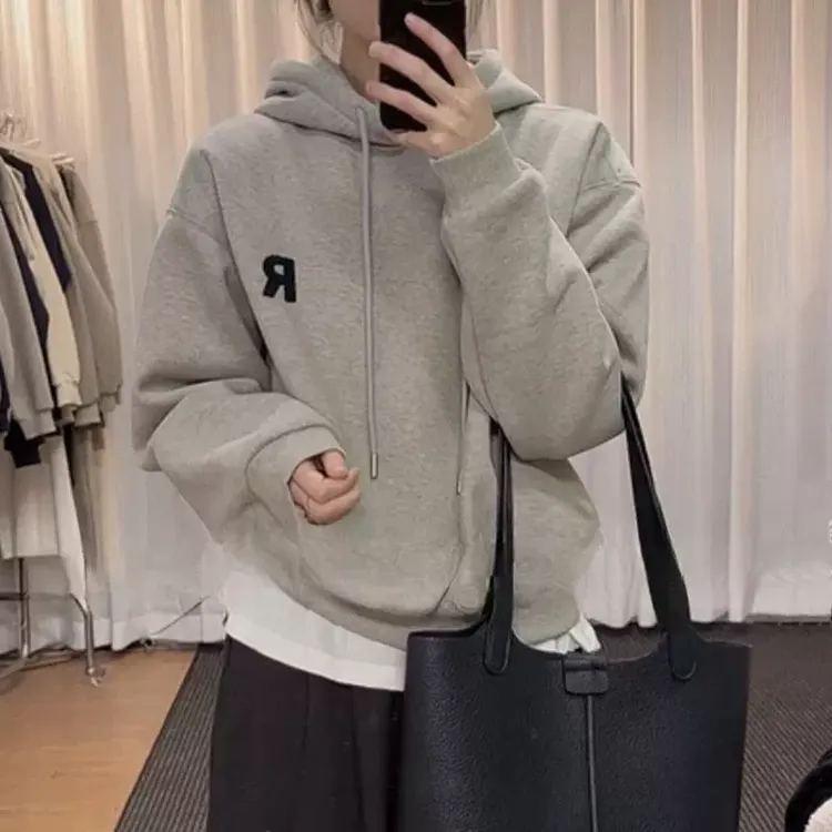 慵懒风连帽灰色卫衣女2025春秋新款小个子休闲宽松今年流行短上衣