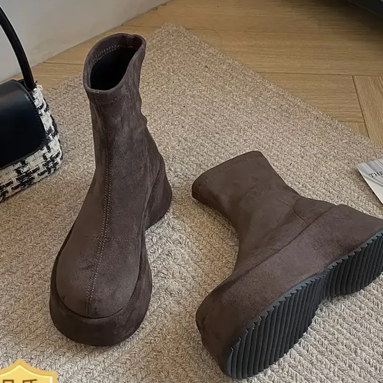 秋冬厚底防水台拉链时尚弹力瘦瘦短靴百搭袜靴ins