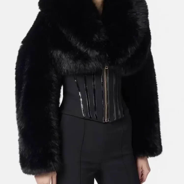 人造皮草 秋冬新款小众束腰鱼骨短款环保皮草外套