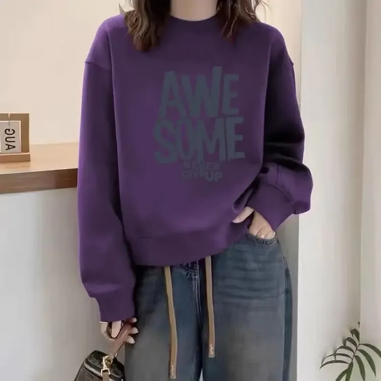 多巴胺圆领套打底衫加绒加厚卫衣女2025春秋季新款宽松韩版外套