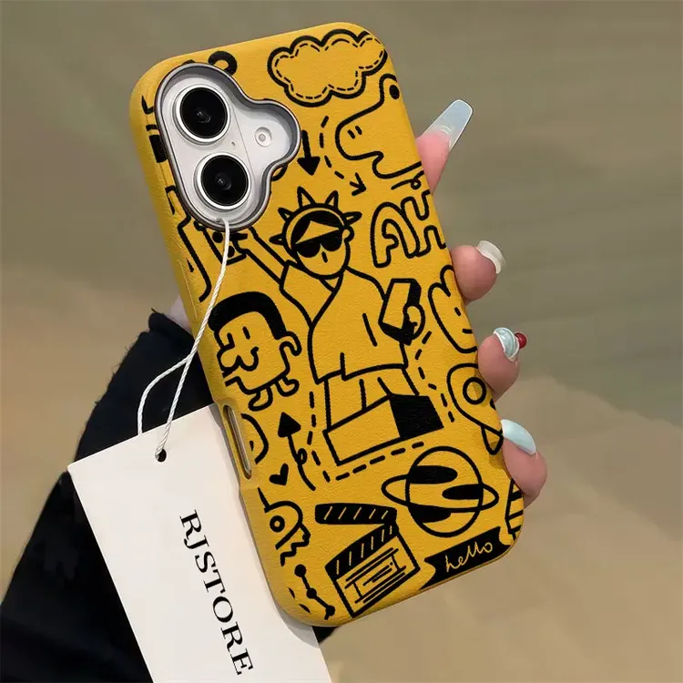 搞怪线条涂鸦适用iPhone16/15pro荔枝纹14金属框手机壳13套创意