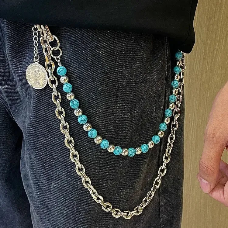 合金项链蓝底黑纹可拆卸男女裤链子配饰嘻哈复古双层腰链牛仔