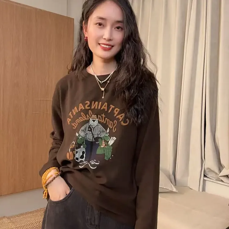 31101-高街风中长款印花长袖打底衫宽松型T恤韩版套头百搭