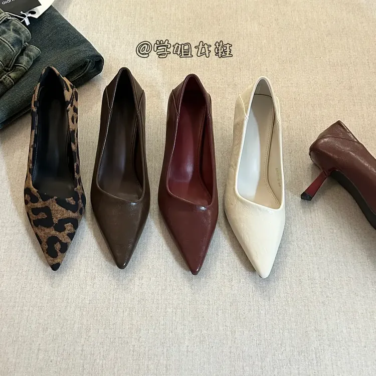 2025春季新款时尚气质尖头高跟鞋女百搭软皮细跟浅口豹纹单鞋女