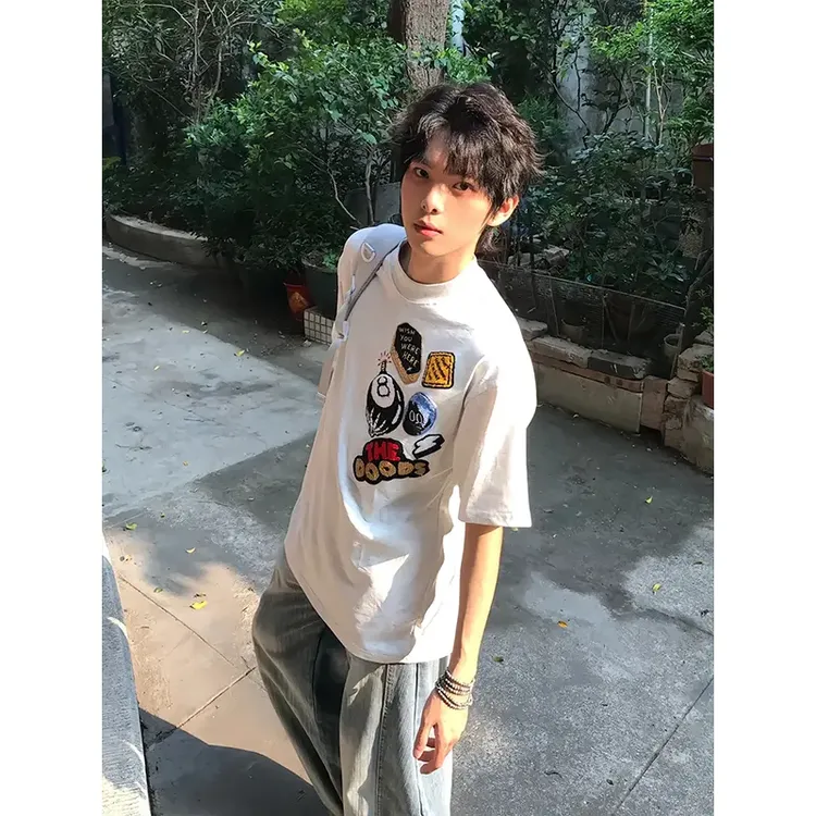 FOCK黑八刺绣植绒徽章重磅短袖T恤男夏季穿搭美式街头正肩半截袖