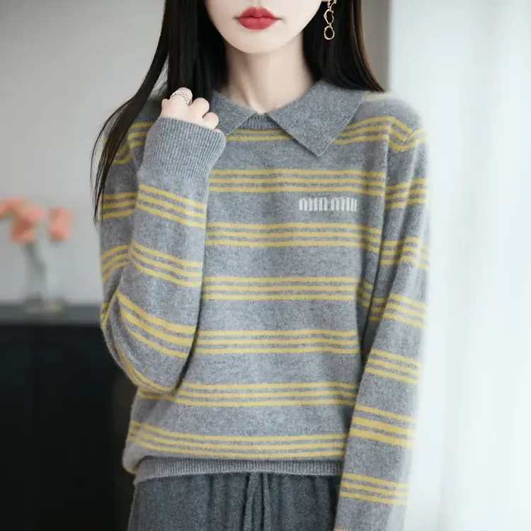 秋冬新100纯羊绒衫女POLO领时尚条纹撞色毛衣套头长袖针织打底衫