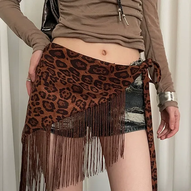 千禧辣妹风豹纹流苏屁帘女美式y2k复古宽腰带配裙子牛仔裤腰封潮