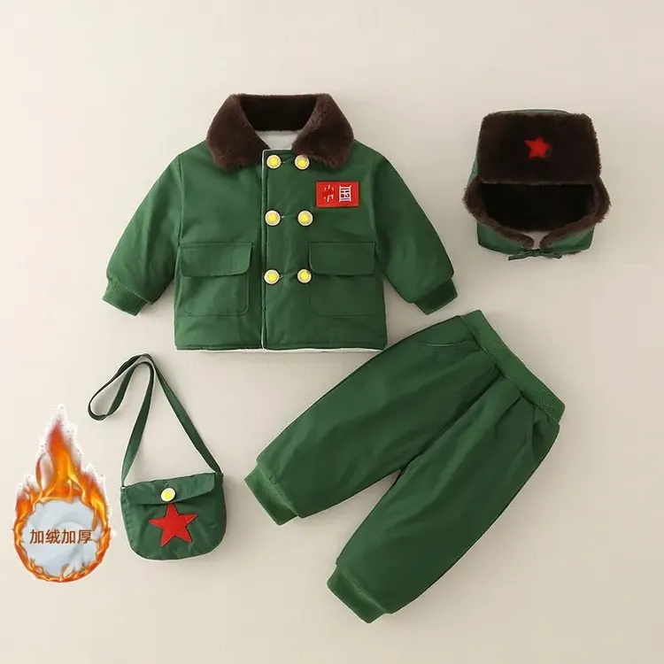 婴儿套装冬季加厚保暖军装加绒小红军棉衣冬装儿童军大衣两件套