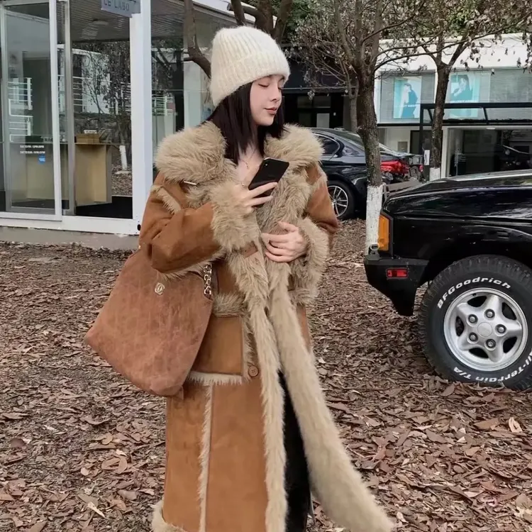 紫色羔毛外套女冬季加厚保暖中长款加绒棉服韩系蝴蝶结