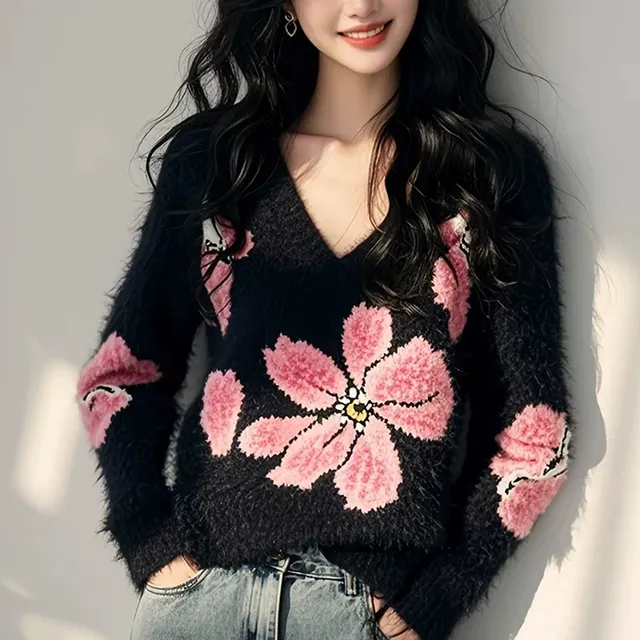 2025新款高级感超好看软糯毛衣v领马海毛花朵宽松针织上衣女冬春