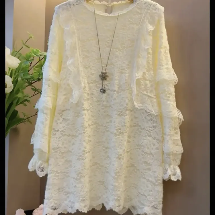 花边蕾丝拼接圆领长袖宽松显瘦遮肉中长款打底上衣