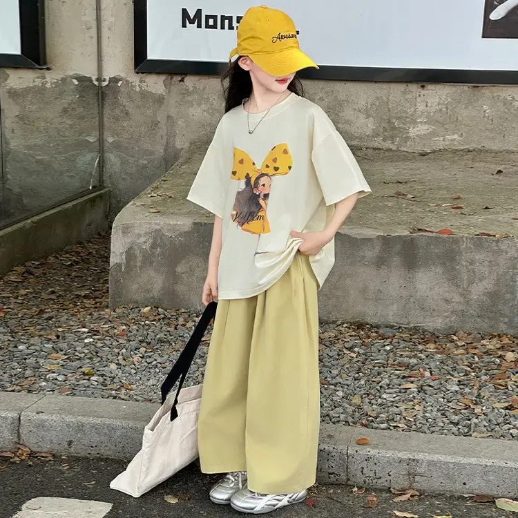 女童套装2025夏季新款儿童休闲百搭短袖T恤女孩薄款阔腿裤两件套t