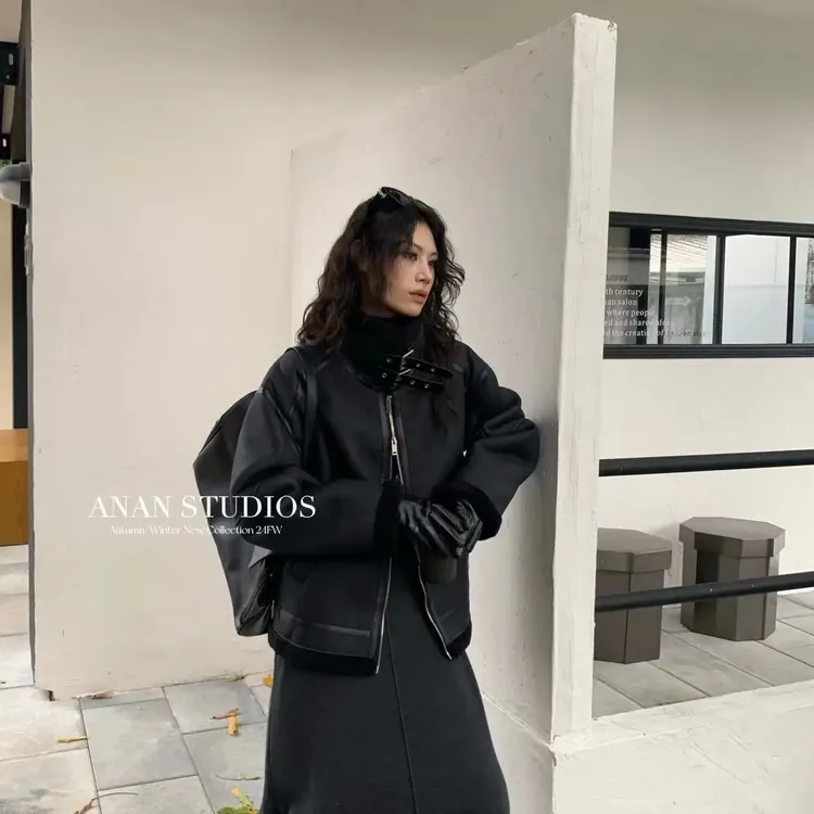 机车款皮毛一体气质宽松毛茸茸保暖上衣