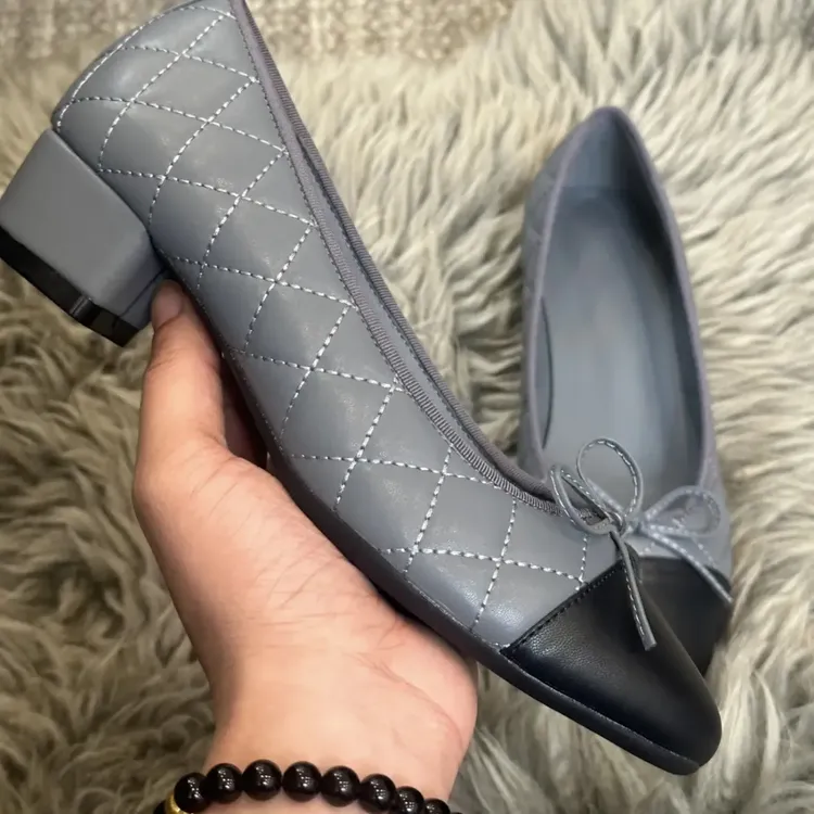 小香风浅口圆头蝴蝶结菱格灰黑拼色芭蕾舞杏色平底单鞋女粗跟女鞋