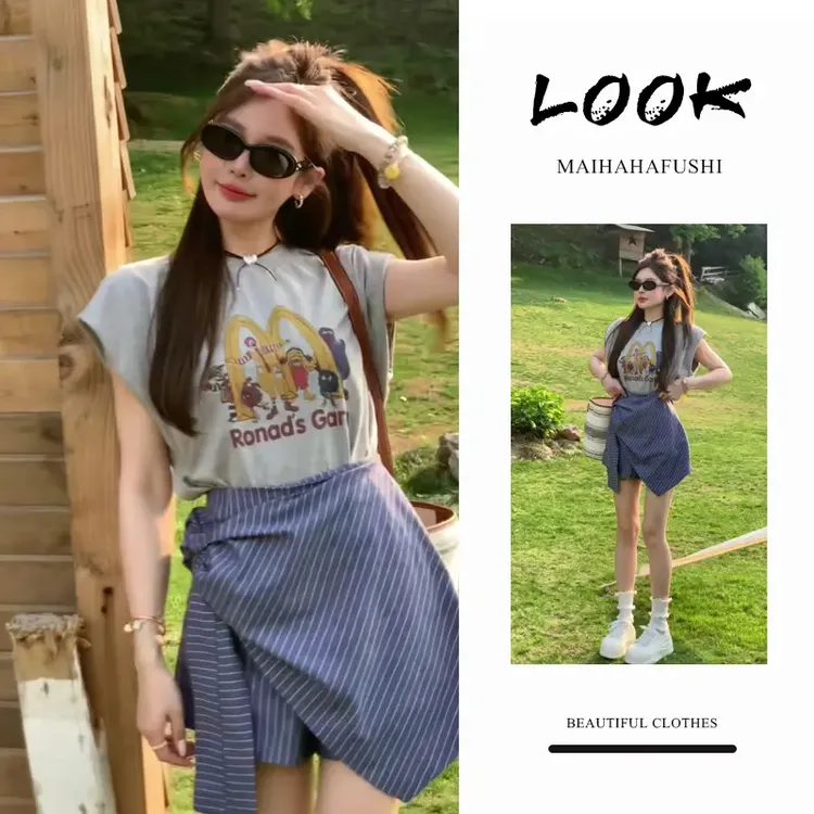 2025夏季套装女2025新款美式卡通印花T恤+不规则条纹短裙两件套装