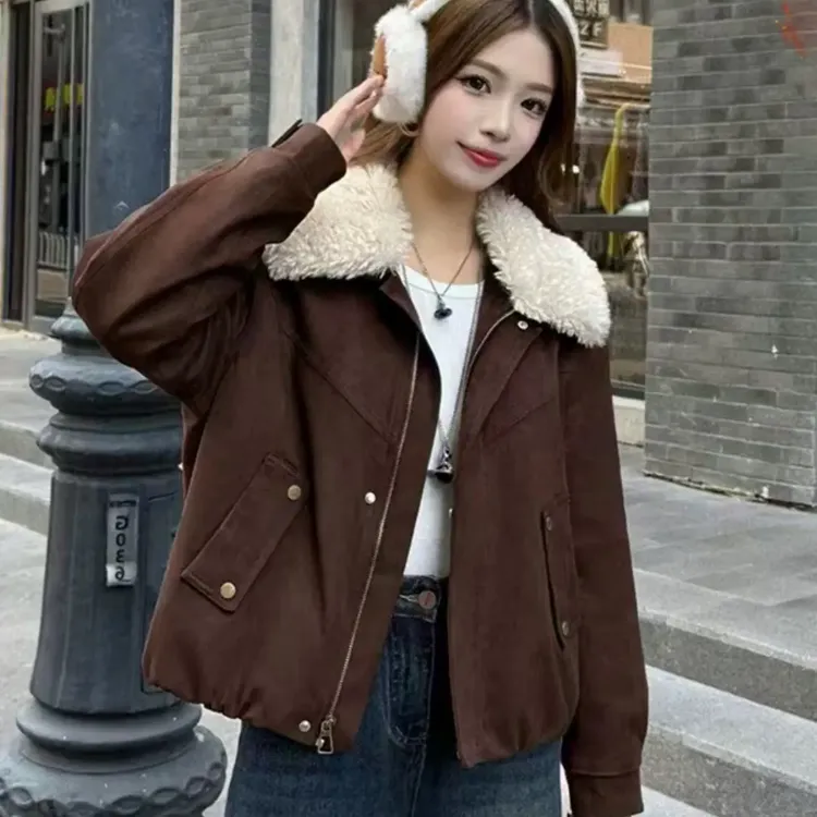 韩系翻领秋冬女韩系外套加绒加厚冬季休闲保暖2578