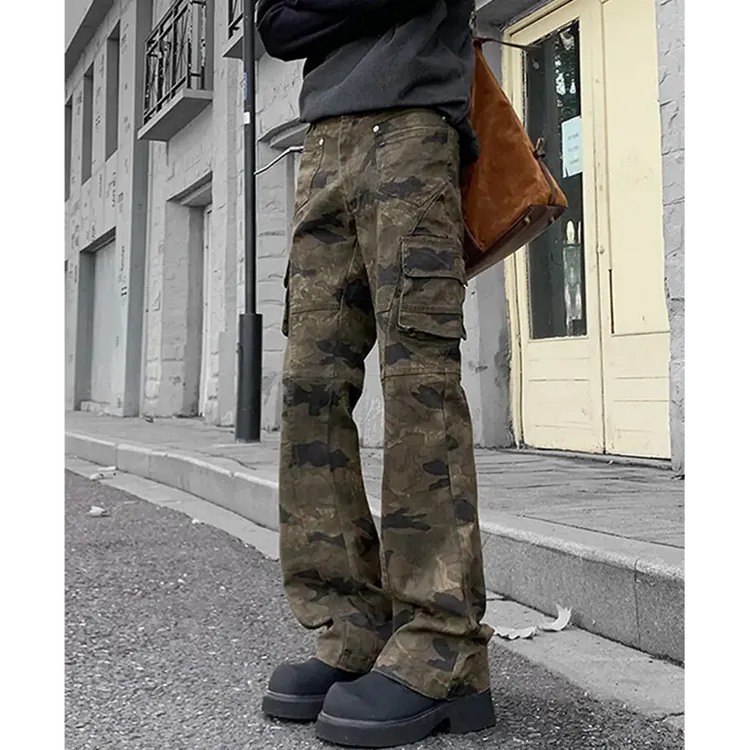 美式复古微喇迷彩工装裤山系大口袋牛仔裤男款高街vibe炸街直筒裤