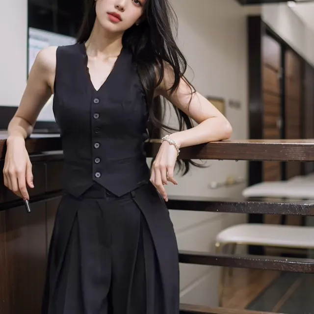 炸街减龄洋气时尚套装女夏辣妹微胖显瘦遮肉马甲阔腿西装裤两件套