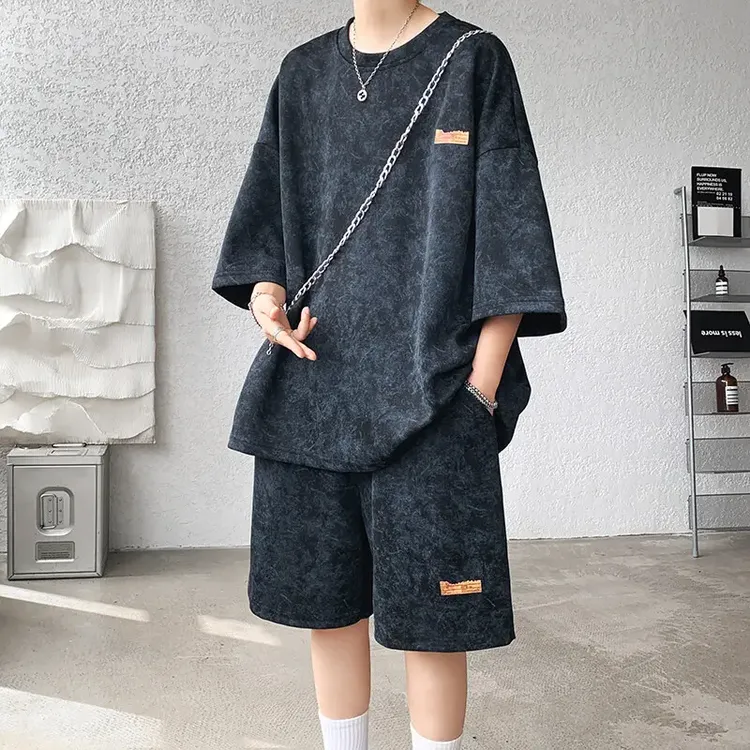 美式高街休闲百搭扎染男士套装2025夏季新款宽松运动时尚两件套薄