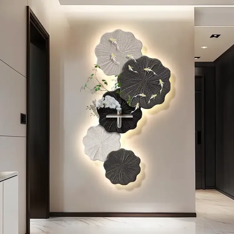 九鱼图玄关装饰画入户正对门背景墙壁画水培绿植走廊过道尽头挂画