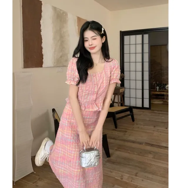 大码女装夏季新款粉色显瘦遮肉套装衬衫上衣女胖MM两件套A字裙