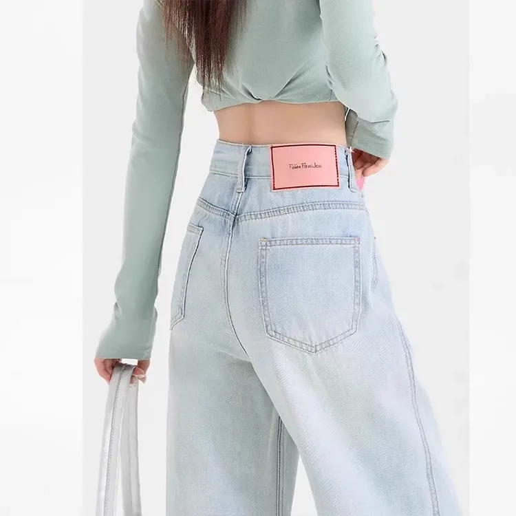 雪千羽浅色窄版高腰直筒牛仔裤女春夏2025高个子宽松垂感拖地裤潮