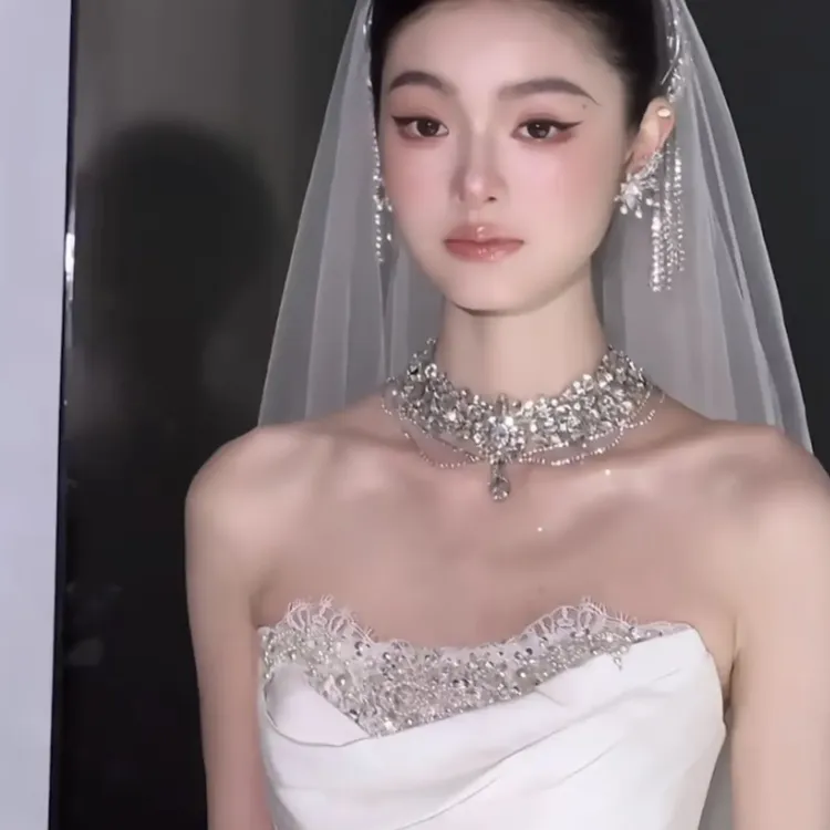 合金仿水晶项链 沁心｜C16新娘满钻结婚项链爆闪系列