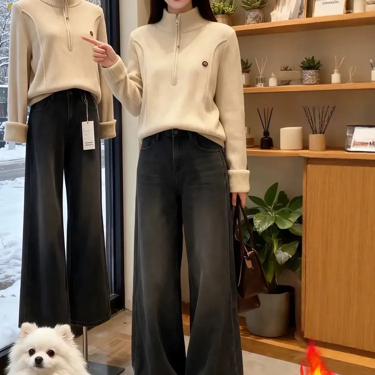 秋冬加绒半高领拉链设计感套头毛衣长袖保暖显瘦针织打底女上衣