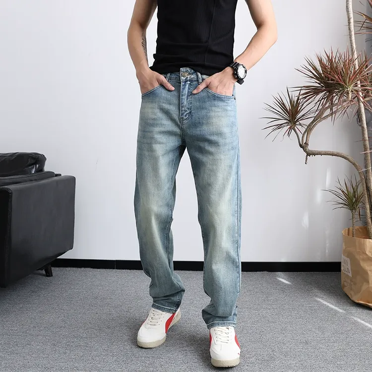 浅蓝色宽松直筒牛仔裤男款cleanfit基础百搭美式休闲弹力垂感长裤