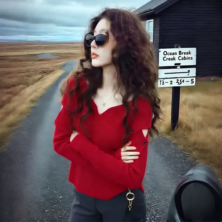 冬季韩里韩气穿搭轻奢高级感巨好看洋气减龄小众不撞款红色针织衫