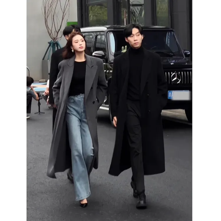 美式赫本风毛呢男士大衣中长款西装领英伦风衣秋冬韩系穿搭外套潮